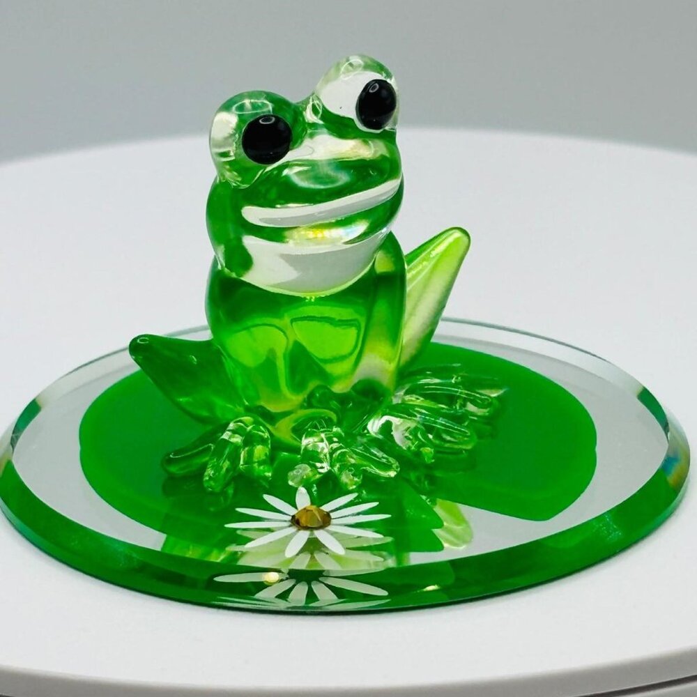Glass Lily Pad Frog Figurine Green Mirror Decor Collectible Animal